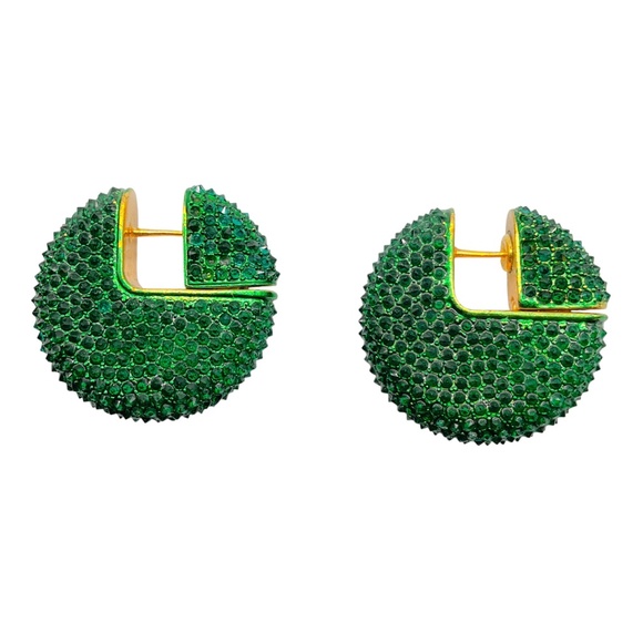 CELINE GREEN CRYSTAL RHINESTONE EMBELLISHED DISC HOOP EARRINGS - Picture 2 of 8